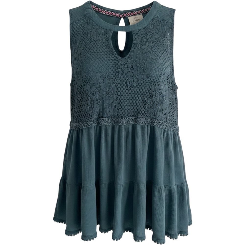 Knox Rose Womens Teal Blue Lace Yoke Babydoll Sleeveless Tiered Top XL Boho